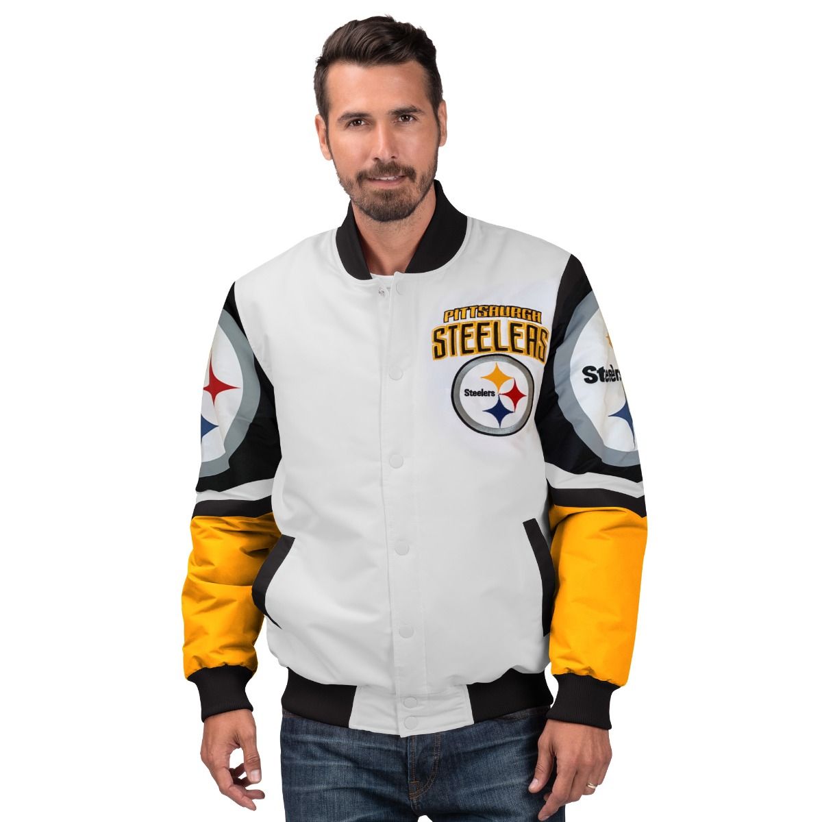 Pittsburgh Steelers Men's GIII Strongside Sublimated Varsity White Mediumweight Jacket