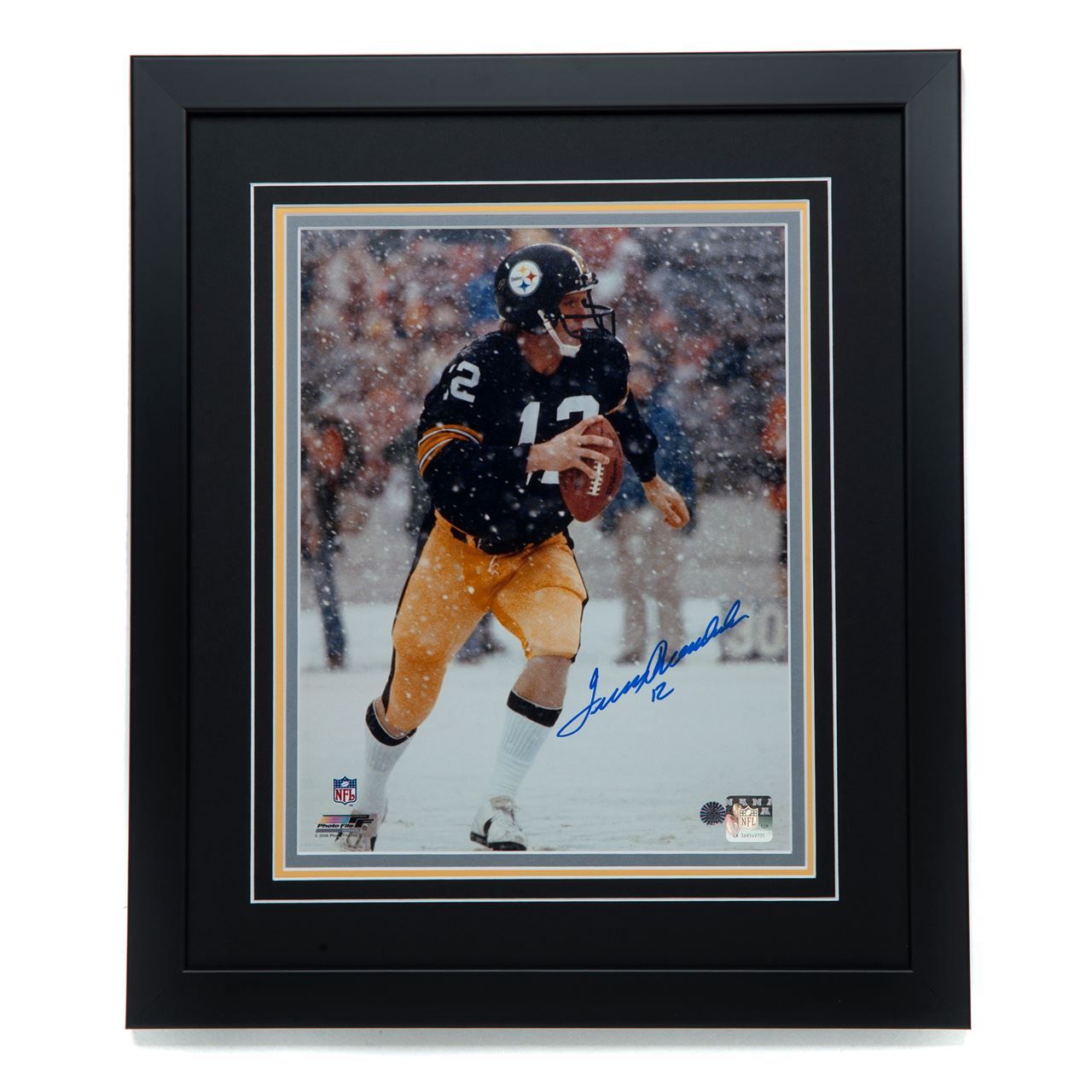 Pittsburgh Steelers #12 Terry Bradshaw 'Cannon in the Snow' Signed 11x14 Framed Photo 1 Pittsburgh Steelers #12 Terry Bradshaw 'Cannon in the Snow' Signed 11x14 Framed Photo