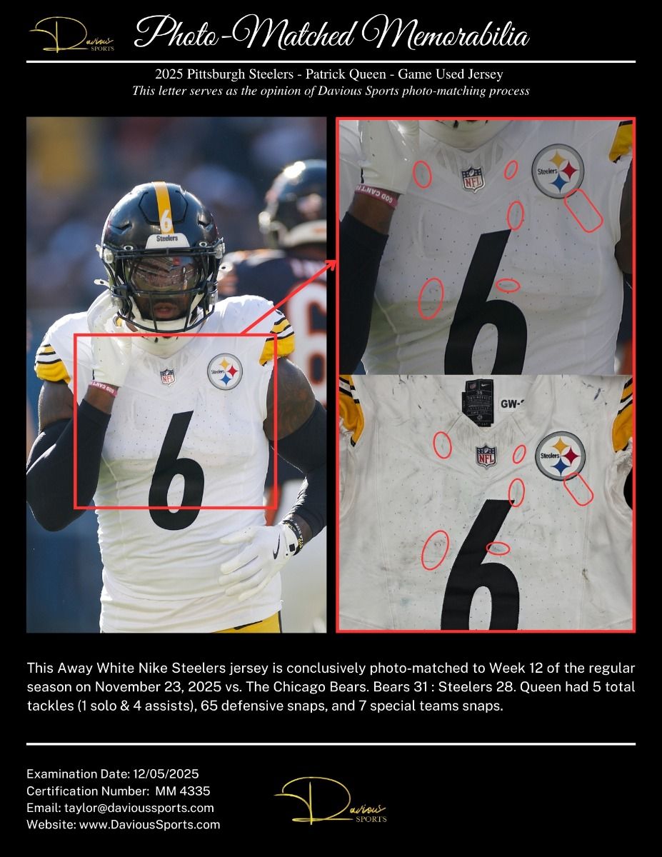 Pittsburgh Steelers #6 Patrick Queen 2025 Away Game Used Jersey 3 Pittsburgh Steelers #6 Patrick Queen 2025 Away Game Used Jersey