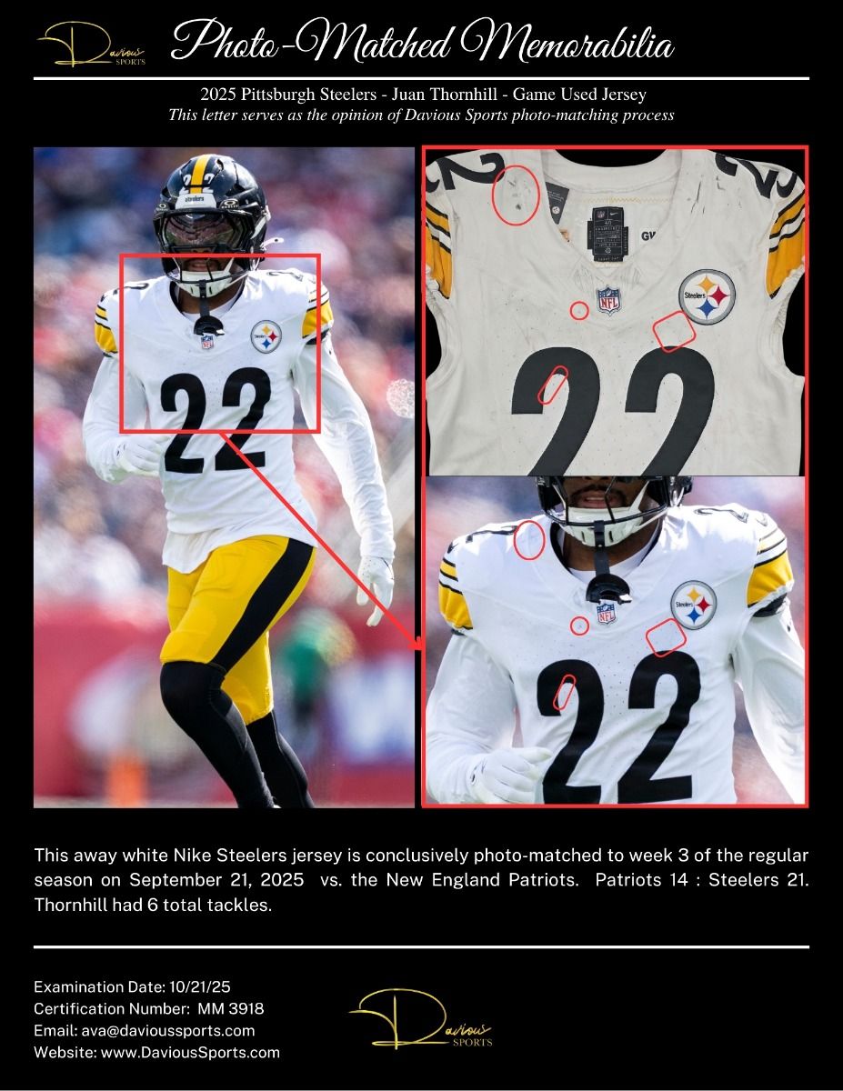 Pittsburgh Steelers #22 Juan Thornhill 2025 Away Game Used Jersey 3 Pittsburgh Steelers #22 Juan Thornhill 2025 Away Game Used Jersey